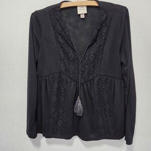 Knox Rose Womens Black Tunic Blouse Embroidered Tassels Top Long Sleeve Size M